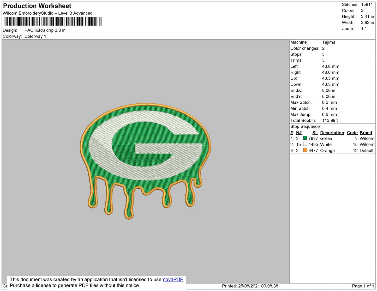 Packers Drip Embroidery File 4 size