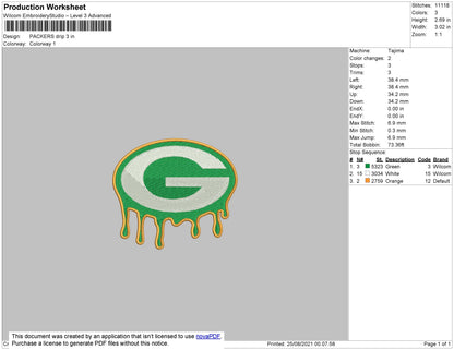 Packers Drip Embroidery File 4 size