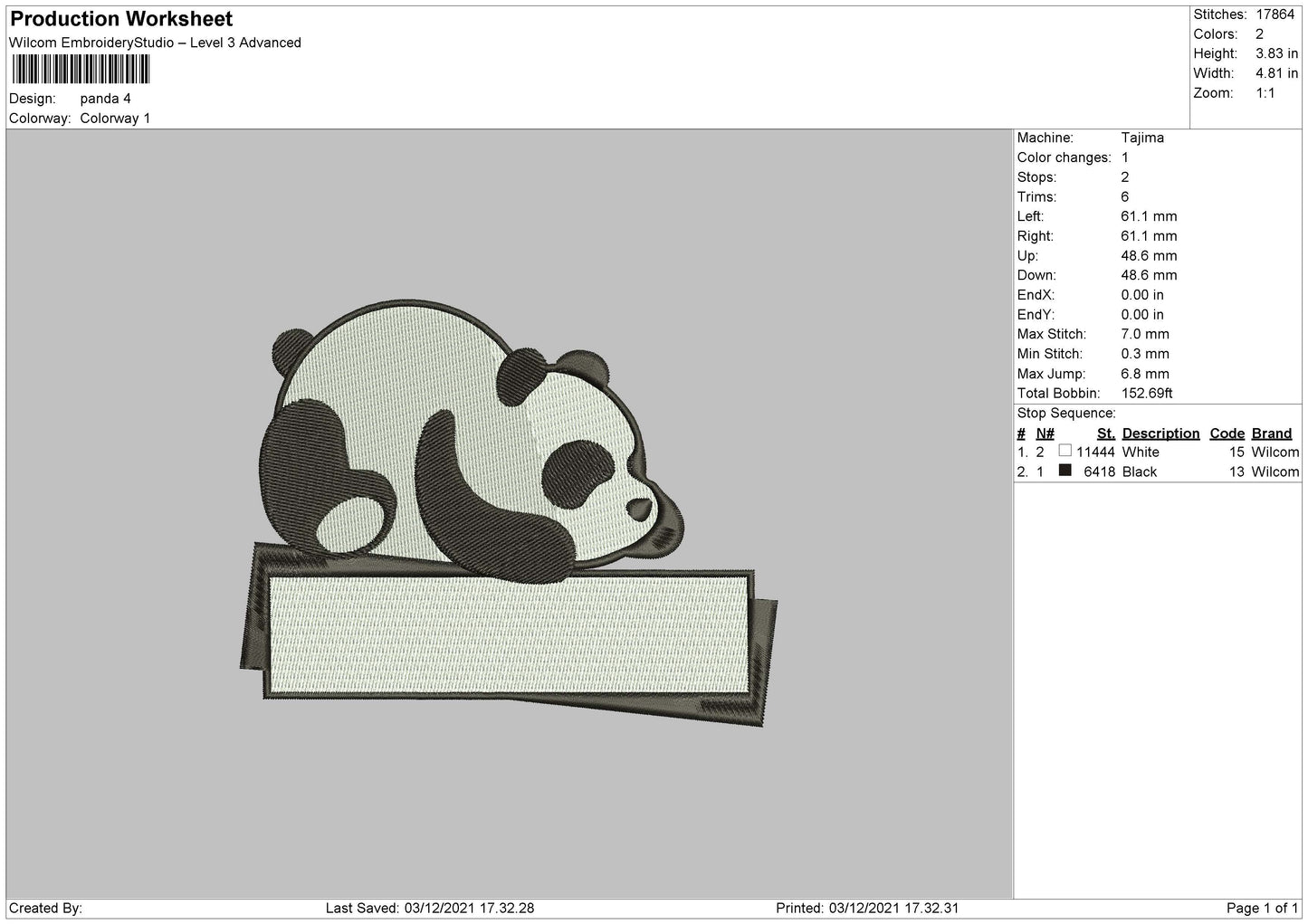 Panda Embroidery File 5 size