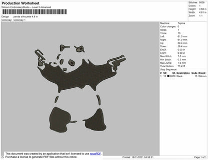 Panda Silhouette Embroidery File 4 size