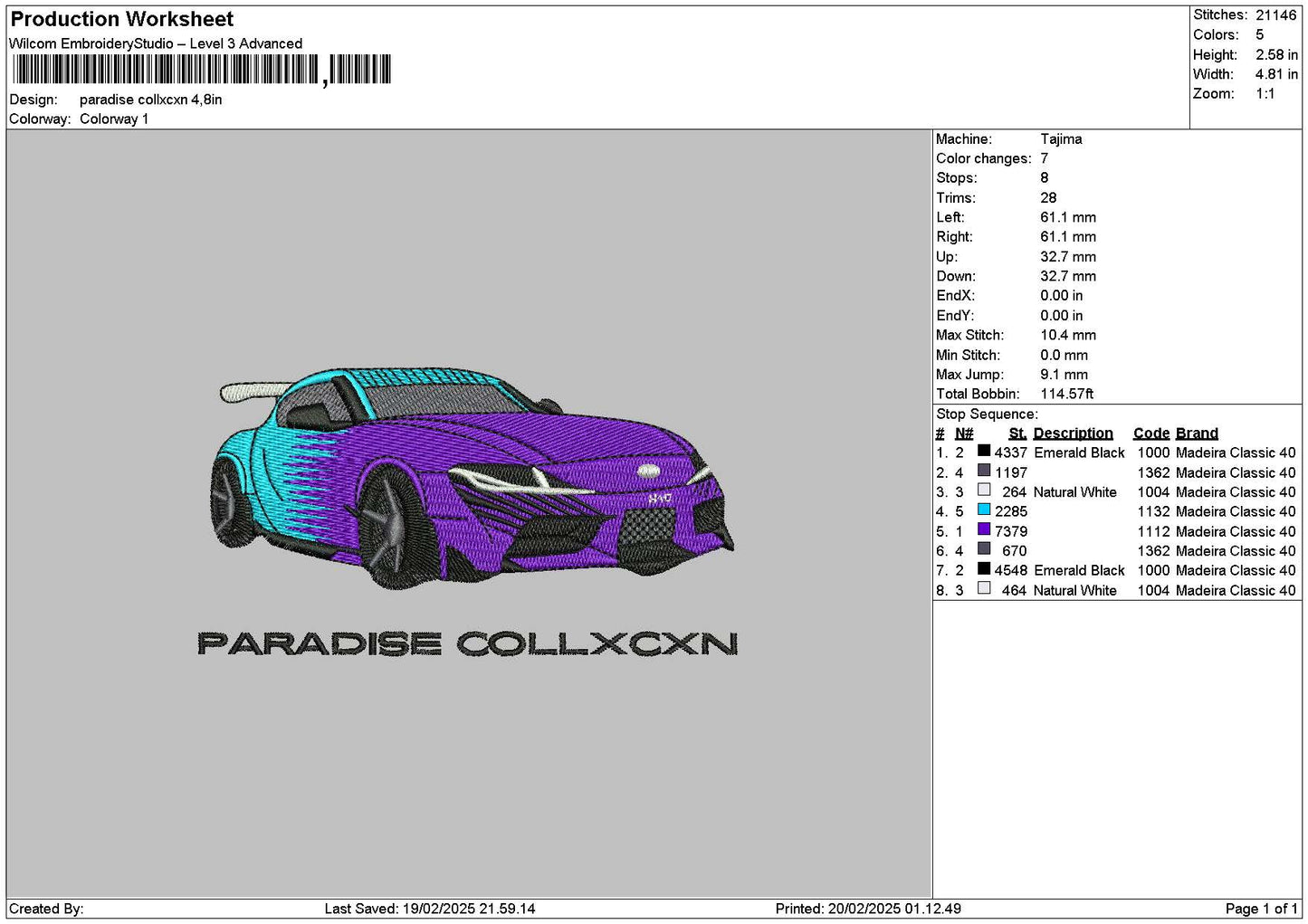 Car Purple 1902 Embroidery File 6 sizes