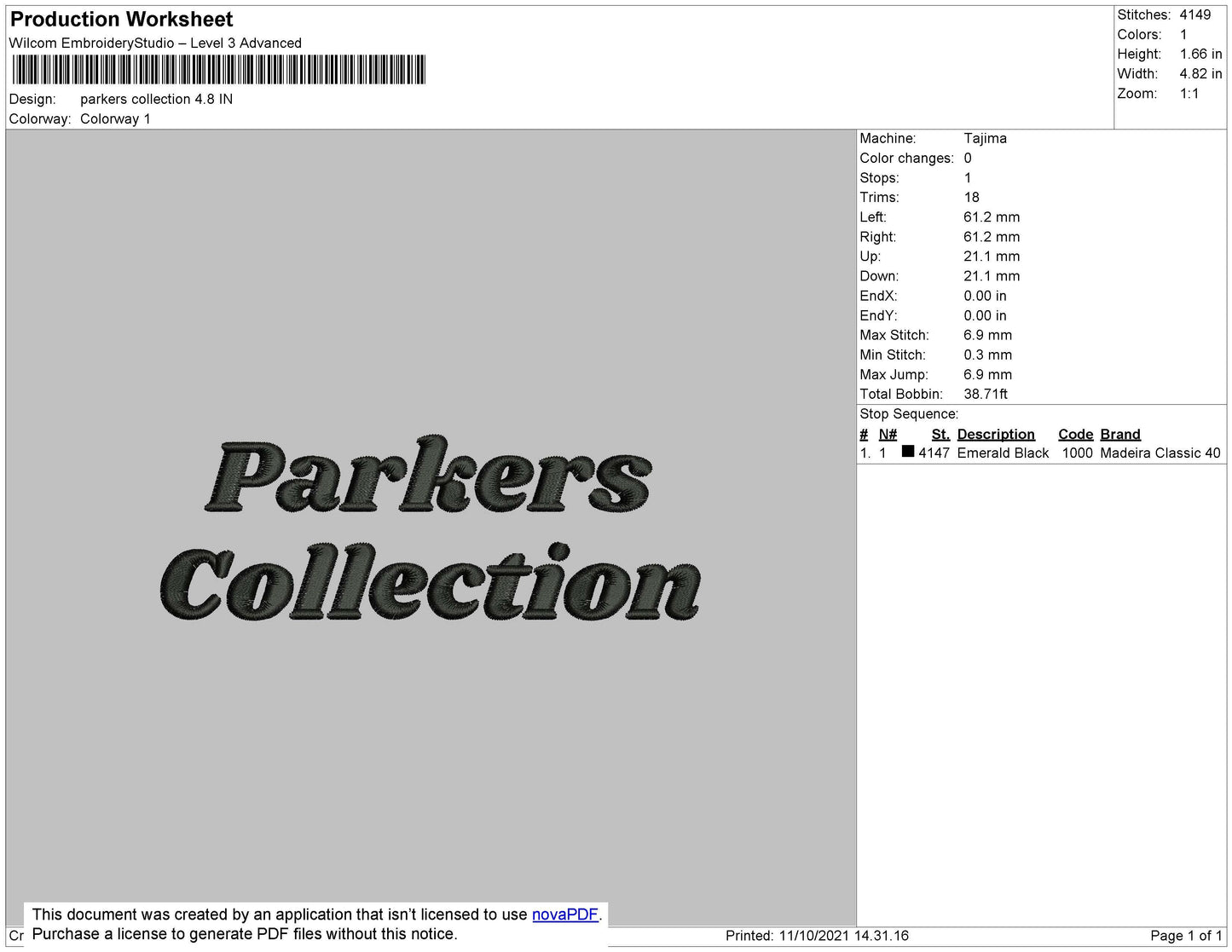 Parkers Collection Embroidery File 4 size