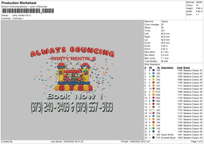 Party Rentals Embroidery File 4  size