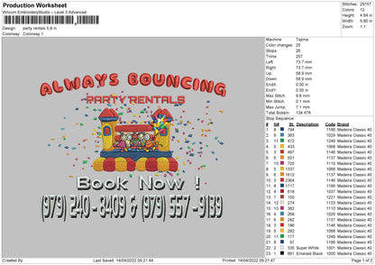 Party Rentals Embroidery File 4  size