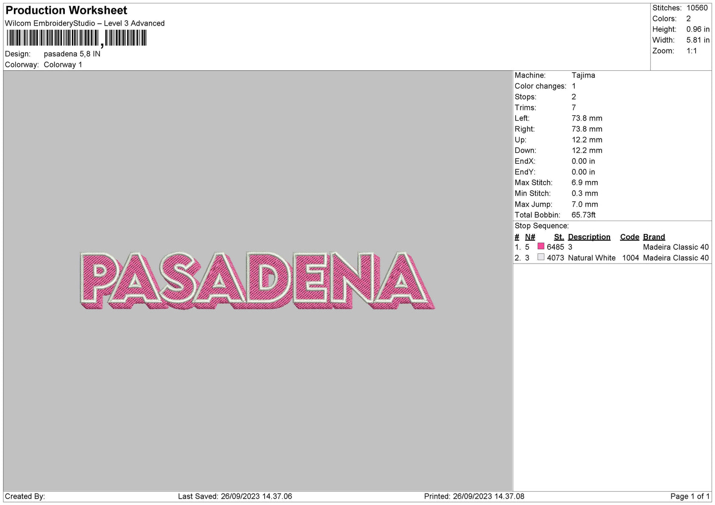 Pasadena Embroidery File 6 sizes