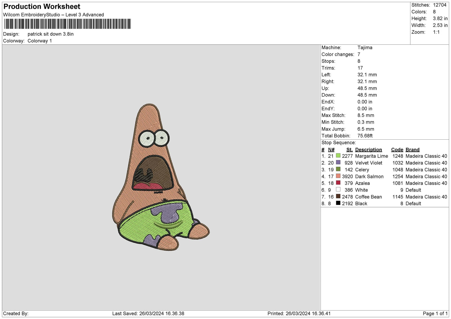 Patrick2603 Embroidery File 6 sizes