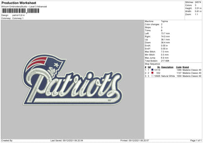 Patriots Embroidery File 4 size