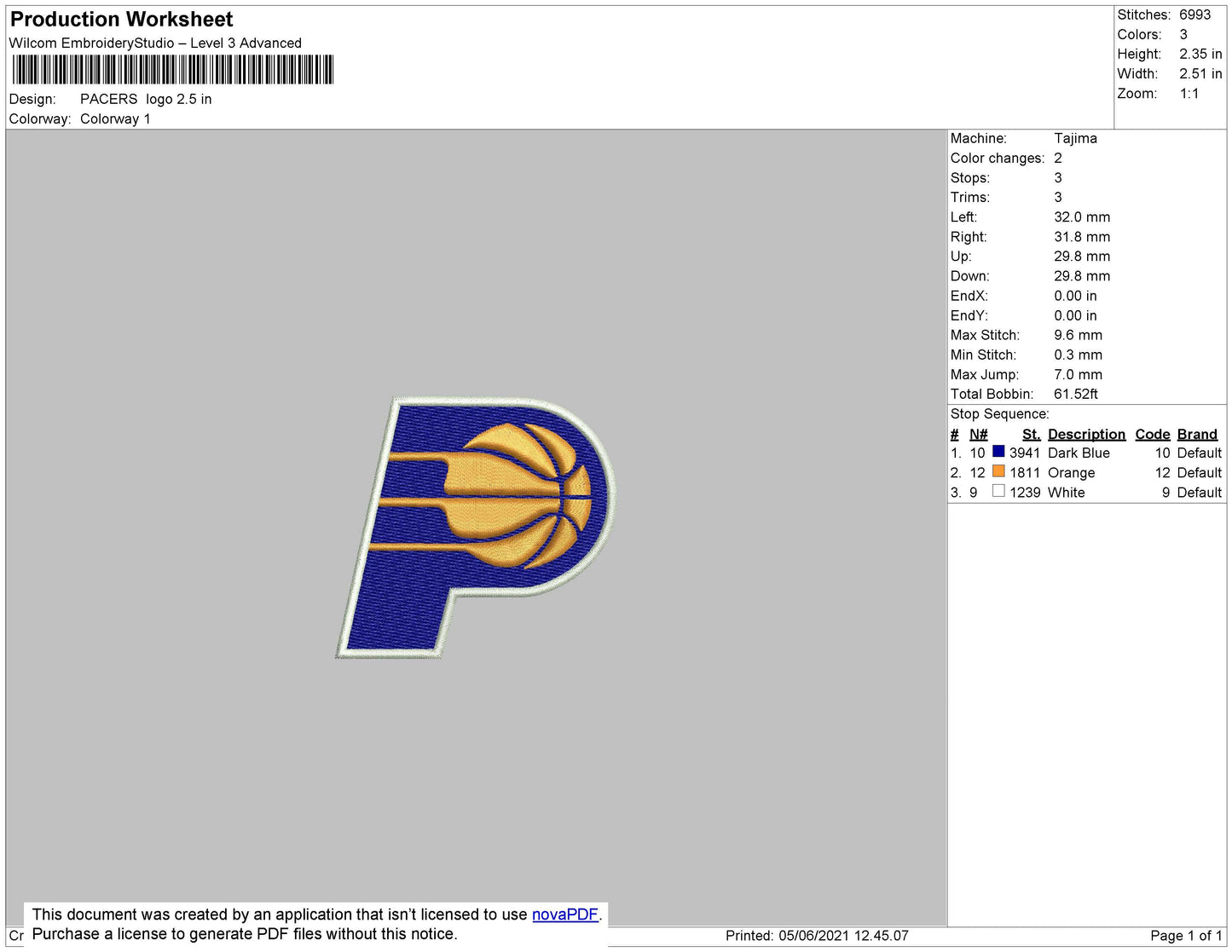 Pacers Logo Embroidery File 5 size