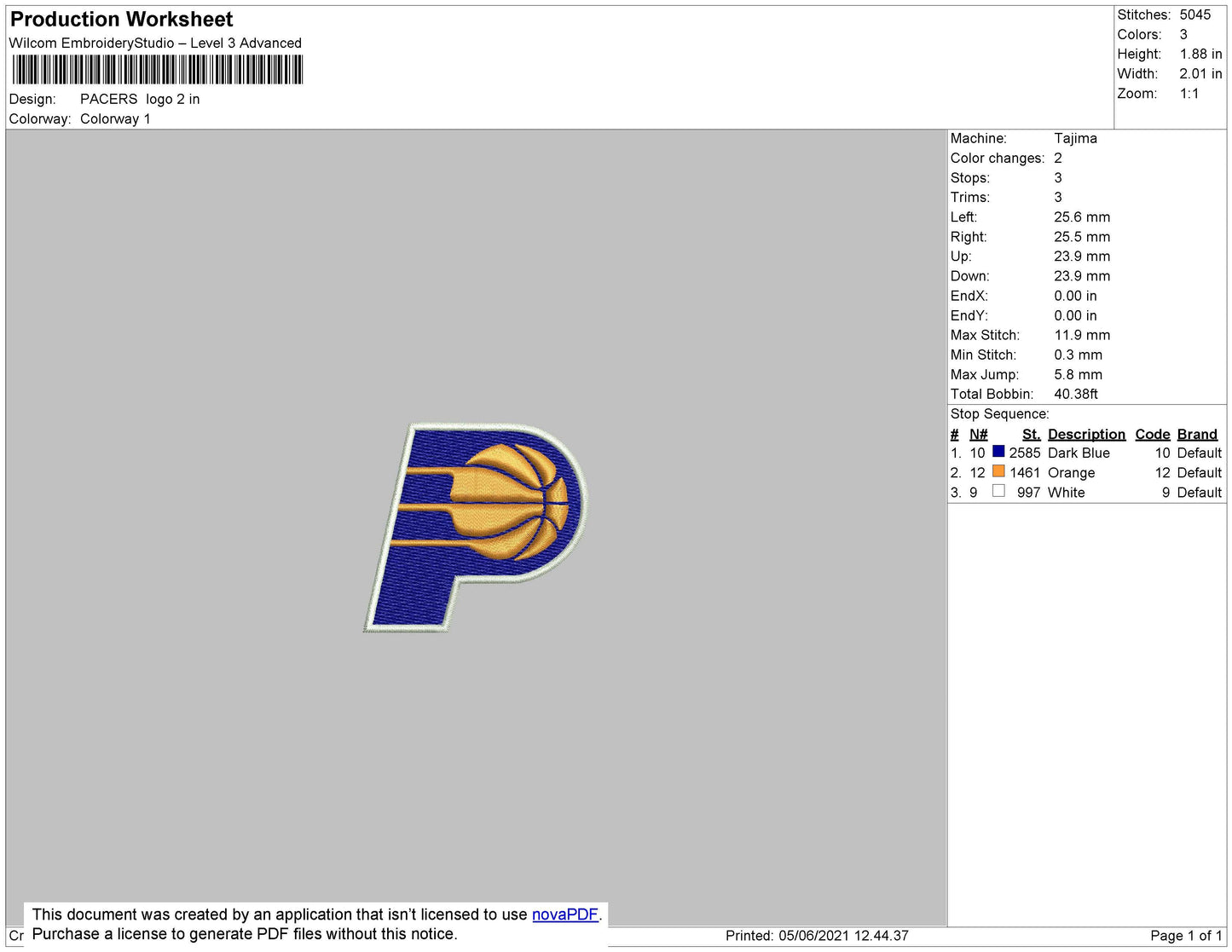 Pacers Logo Embroidery File 5 size