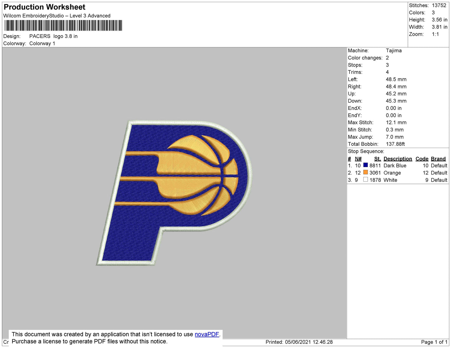 Pacers Logo Embroidery File 5 size