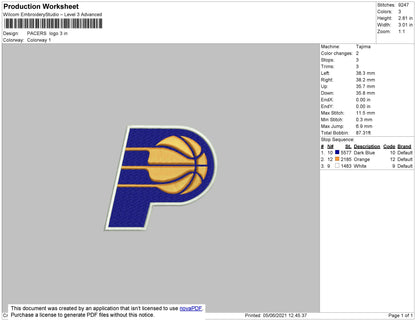 Pacers Logo Embroidery File 5 size