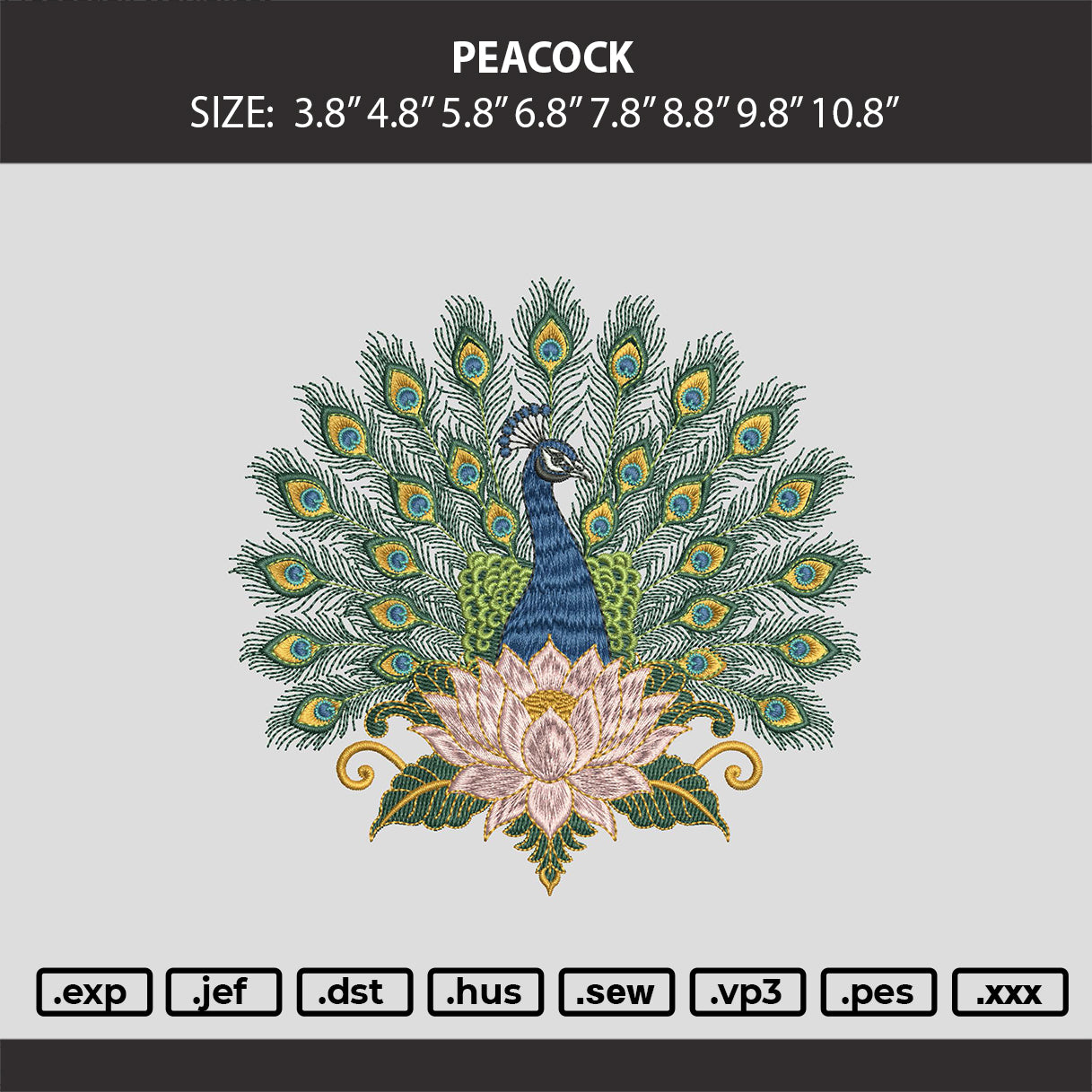 Peacock Embroidery Machine Design File 6 sizes