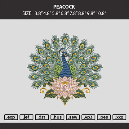 Peacock Embroidery Machine Design File 6 sizes