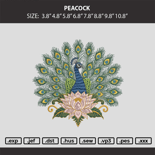 Peacock Embroidery Machine Design File 6 sizes
