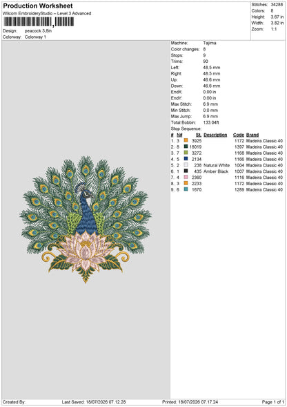 Peacock Embroidery Machine Design File 6 sizes