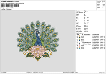 Peacock Embroidery Machine Design File 6 sizes
