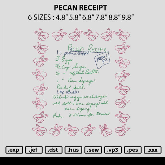 Pecan Receipt Embroidery File 6 sizes