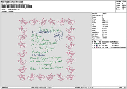 Pecan Receipt Embroidery File 6 sizes