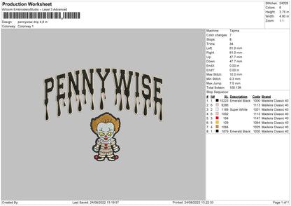Pennywise Drip Embroidery File 5 sizes