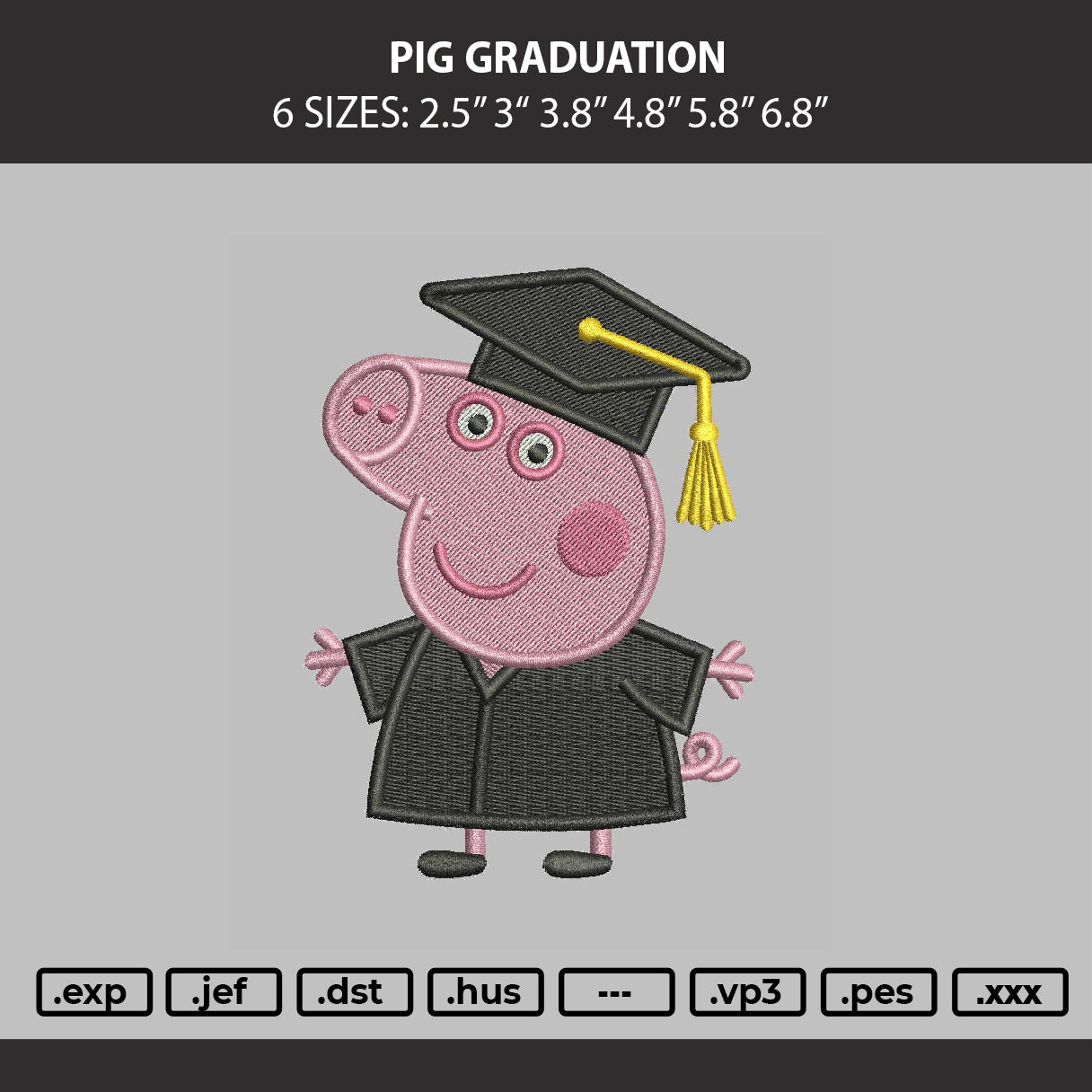 Pig Graduation Embroidery Machine Design File 6 sizes