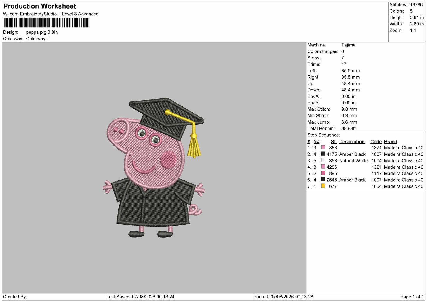 Pig Graduation Embroidery Machine Design File 6 sizes
