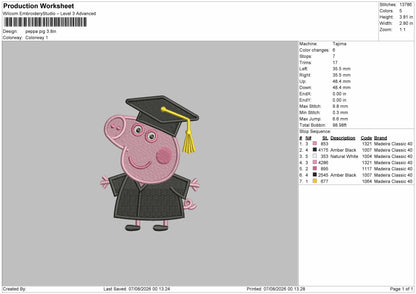 Pig Graduation Embroidery Machine Design File 6 sizes