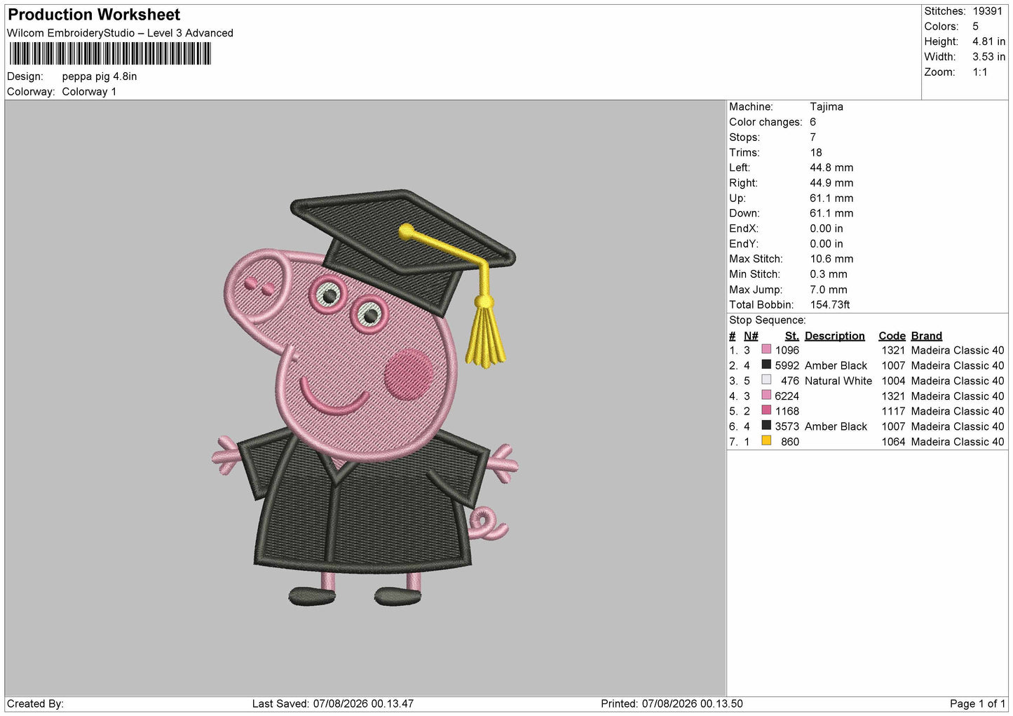 Pig Graduation Embroidery Machine Design File 6 sizes