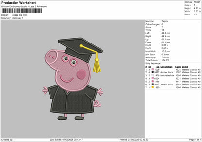 Pig Graduation Embroidery Machine Design File 6 sizes