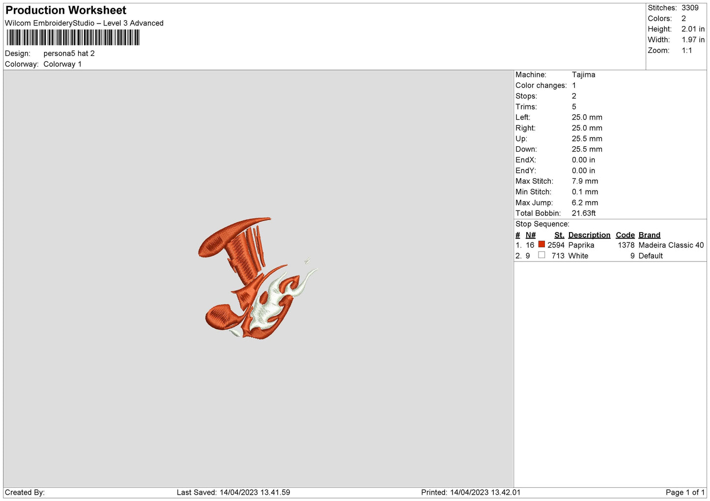 Persona Hat V2 Embroidery File 6 sizes