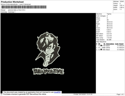 Persona Take Your Time Embroidery File 4 size