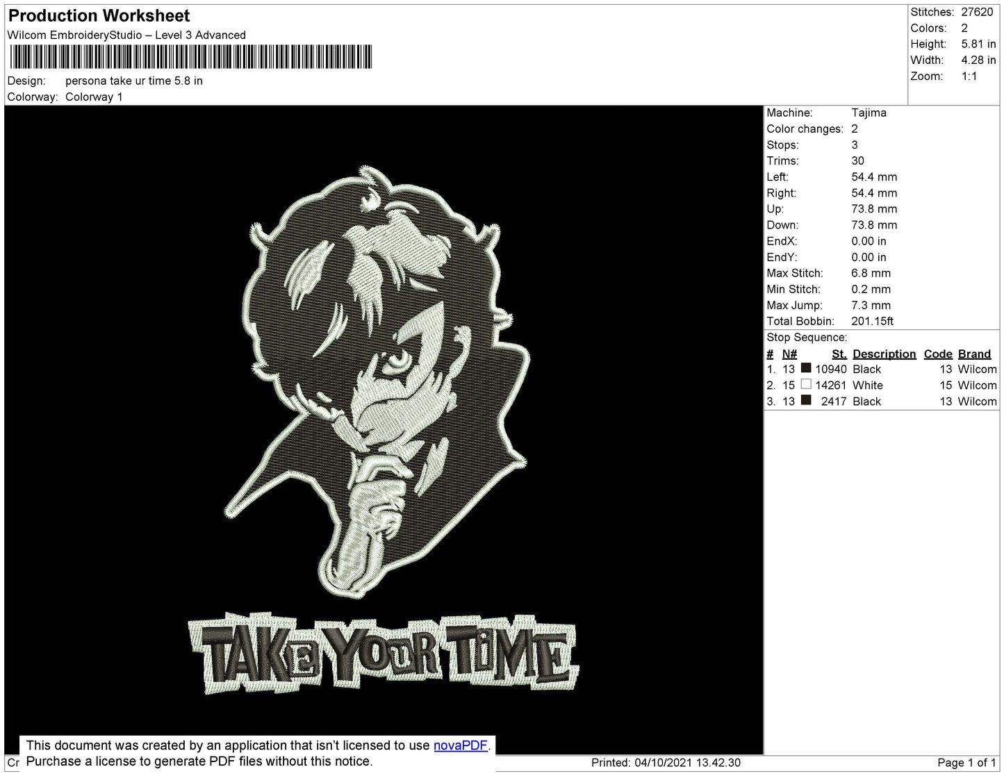 Persona Take Your Time Embroidery File 4 size