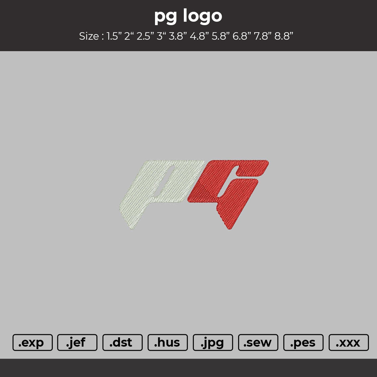 PG LOGO Embroidery File 6 sizes