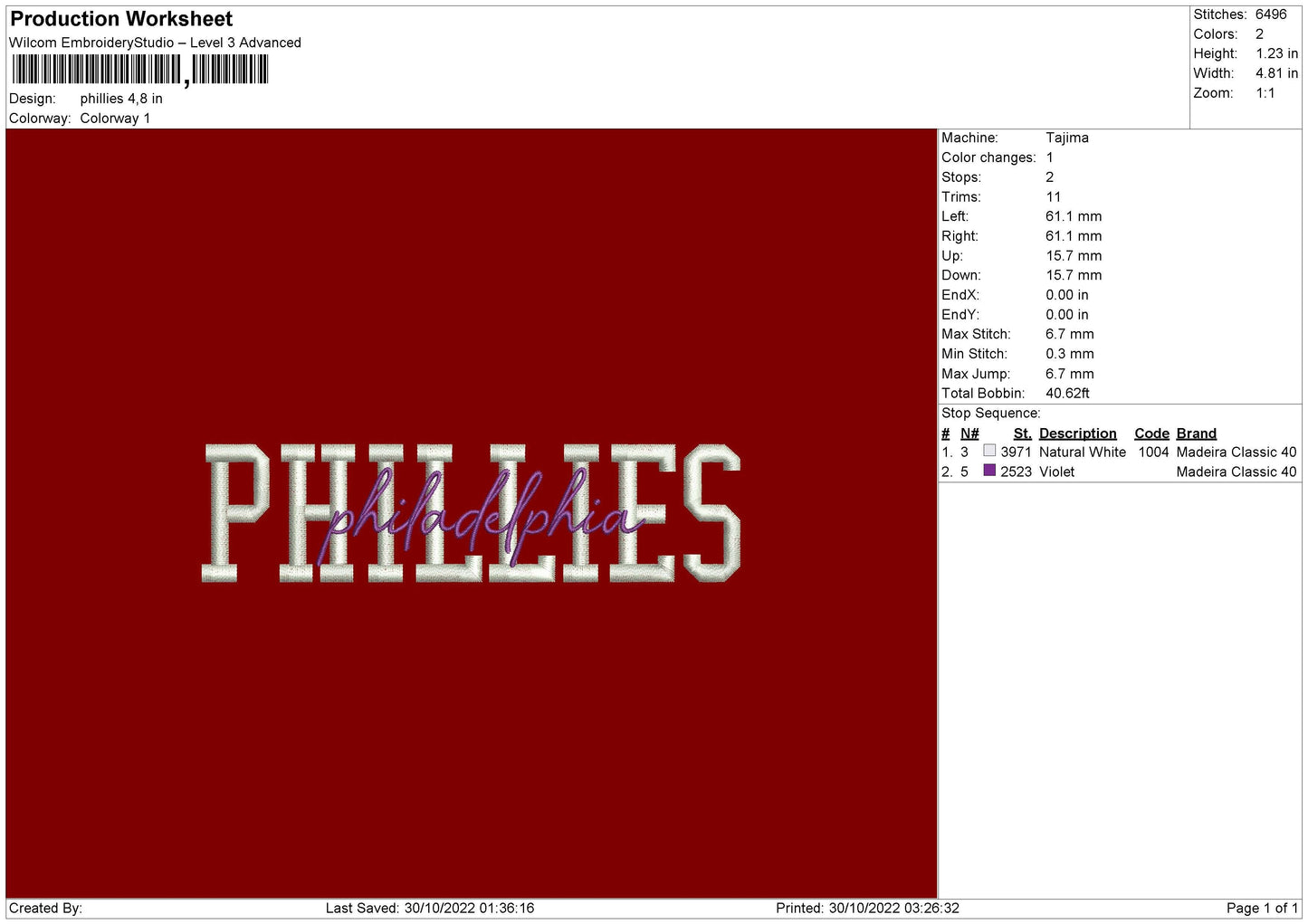 Phillies Embroidery File 6 sizes