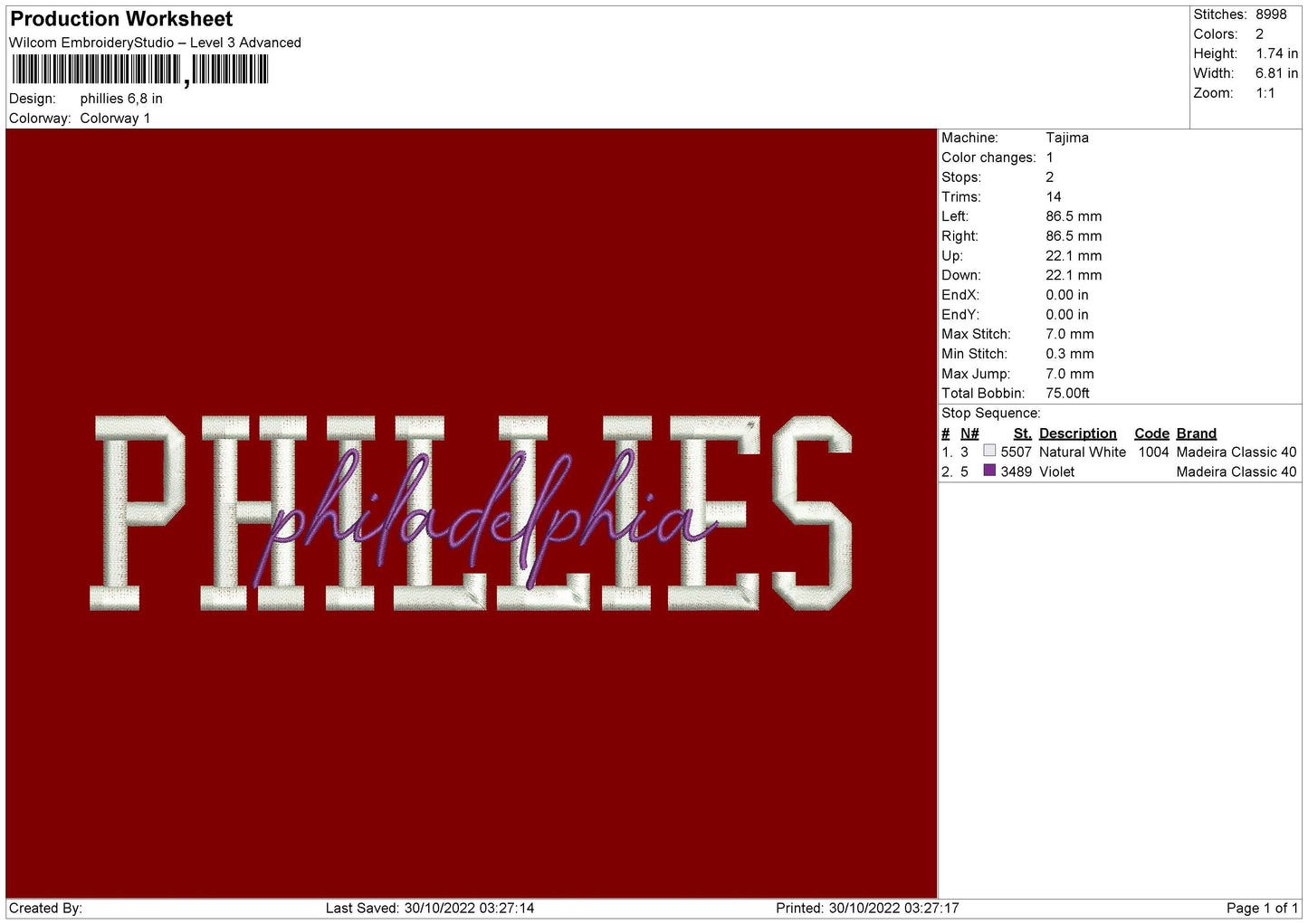 Phillies Embroidery File 6 sizes