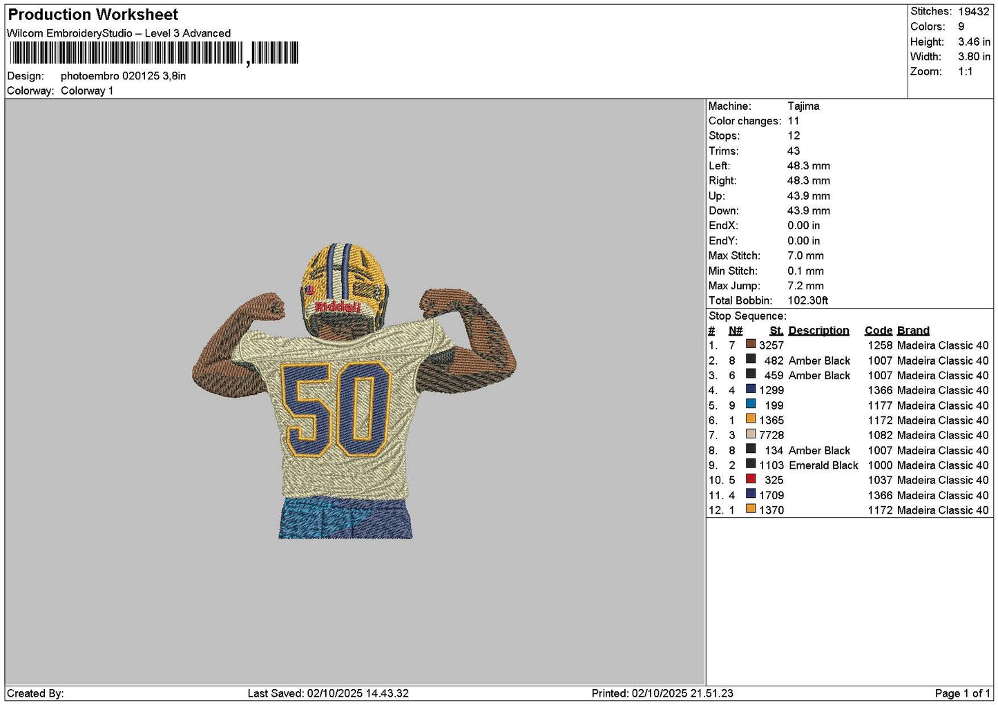 Player 50 Embroidery File 6 sizes