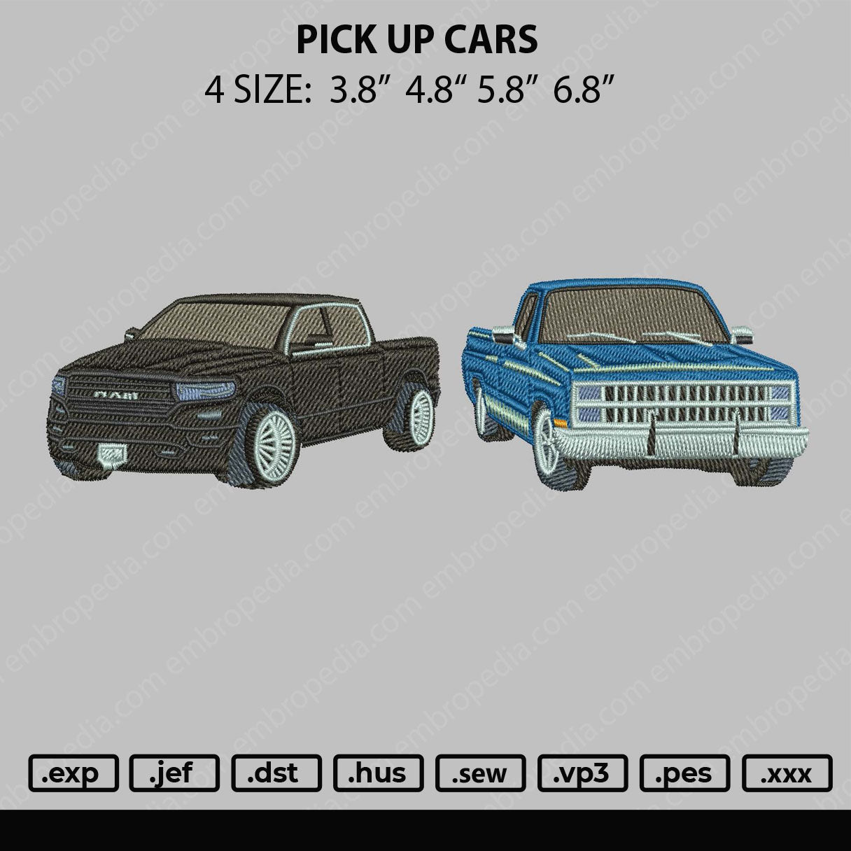 Pick Up Cars Embroidery File 4 size
