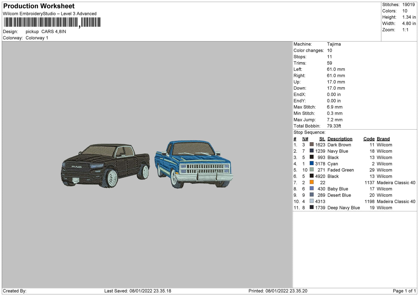 Pick Up Cars Embroidery File 4 size