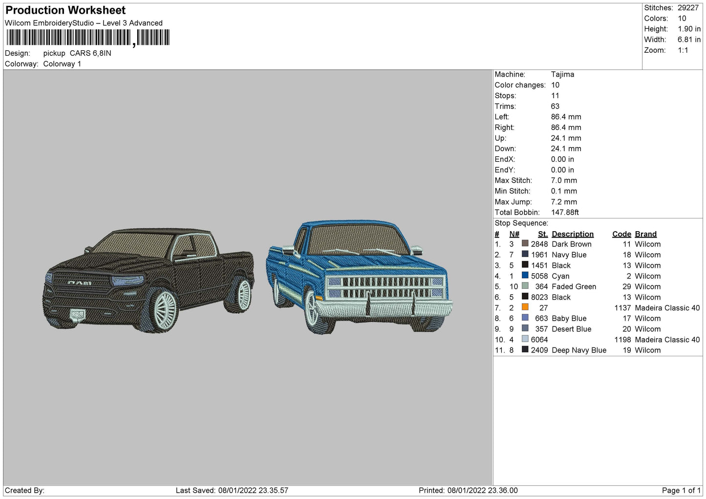 Pick Up Cars Embroidery File 4 size