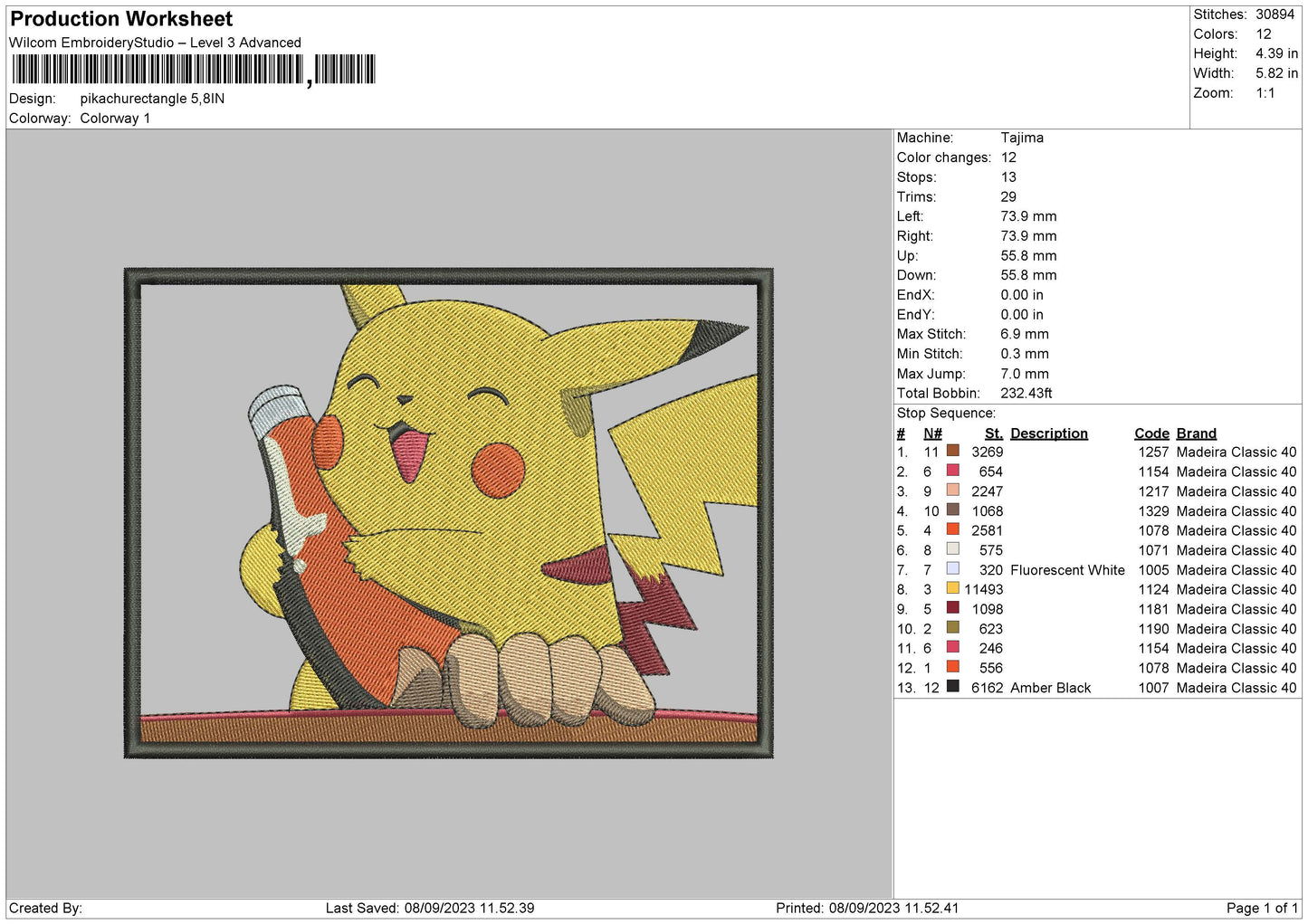 Pikachu Rectangle Embroidery File 6 sizes