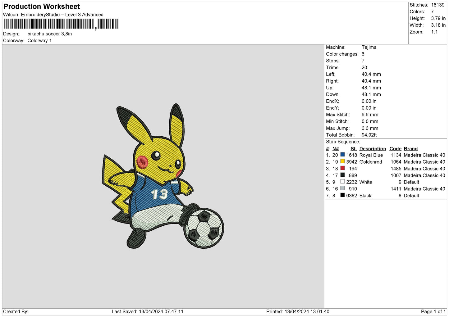 Pikachu03 Embroidery File 6 sizes