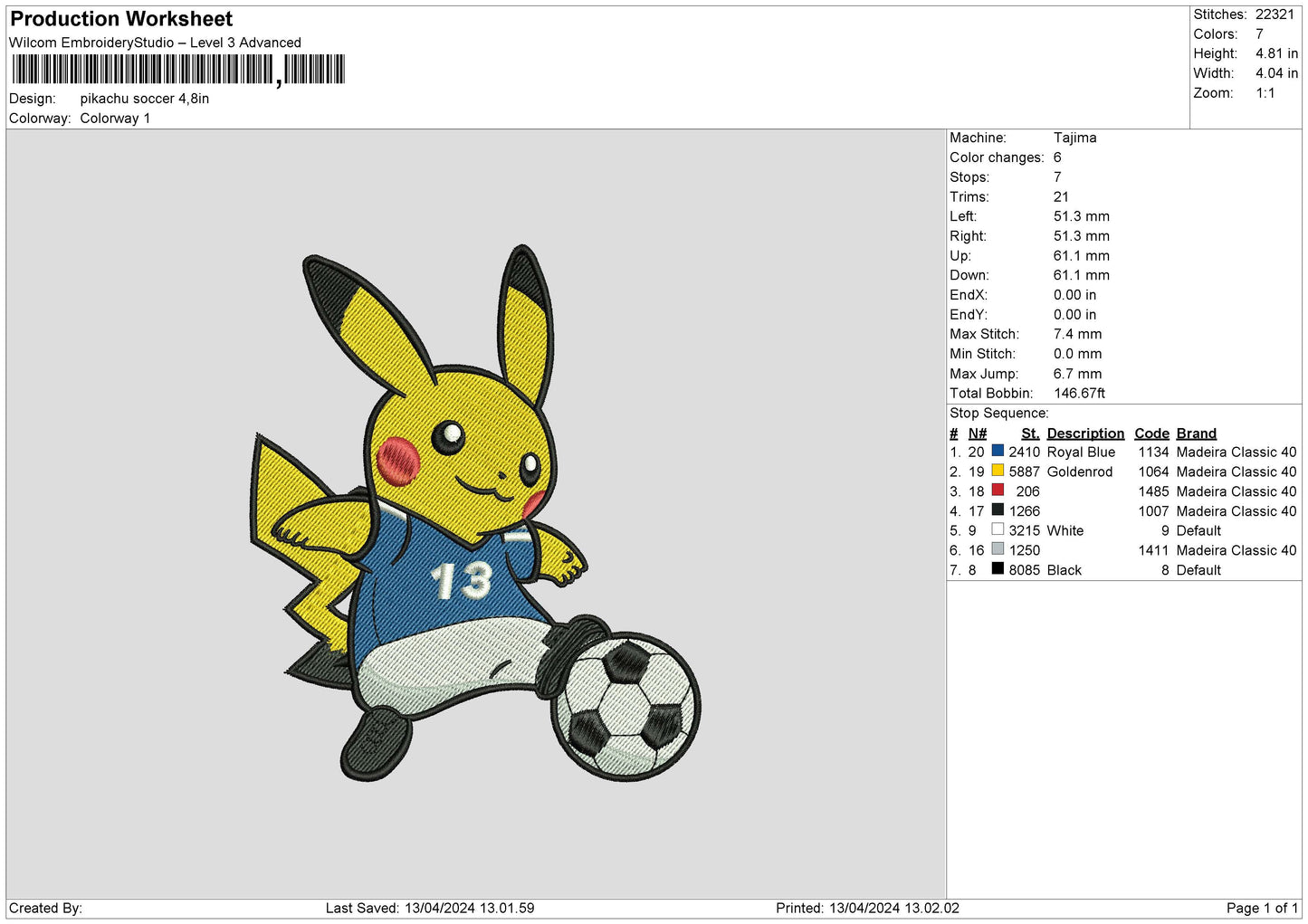 Pikachu03 Embroidery File 6 sizes
