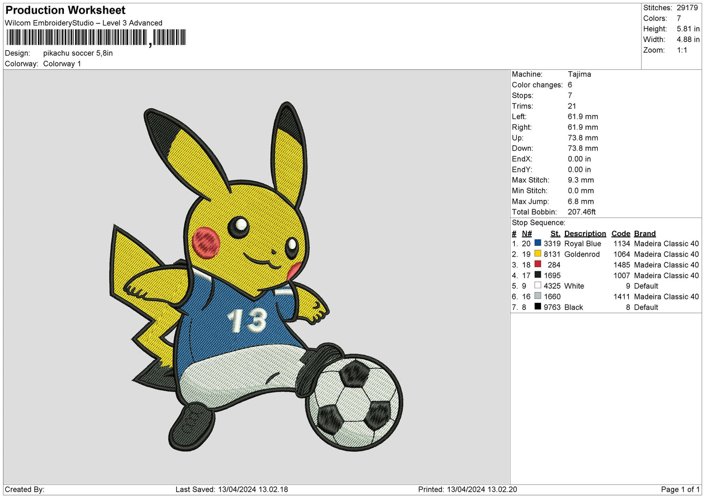 Pikachu03 Embroidery File 6 sizes