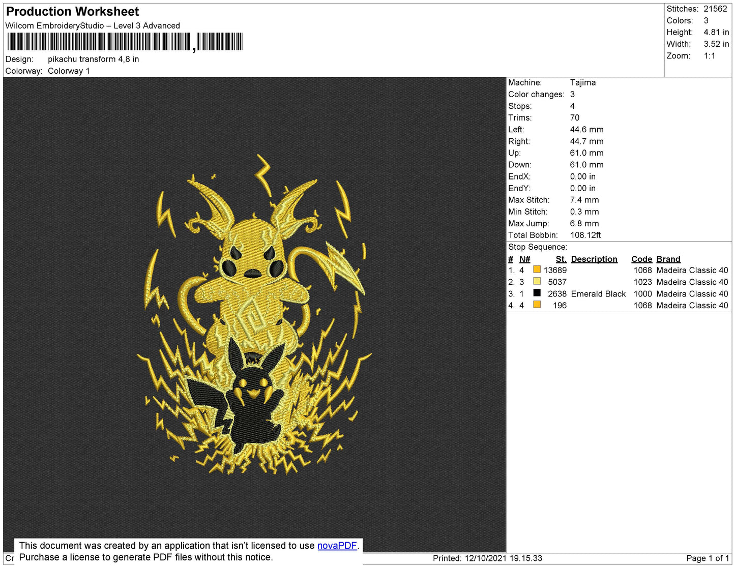 Pikachu Transform Embroidery File 4 size