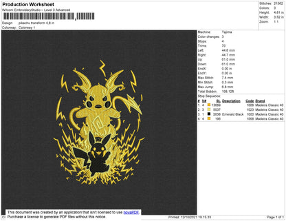 Pikachu Transform Embroidery File 4 size