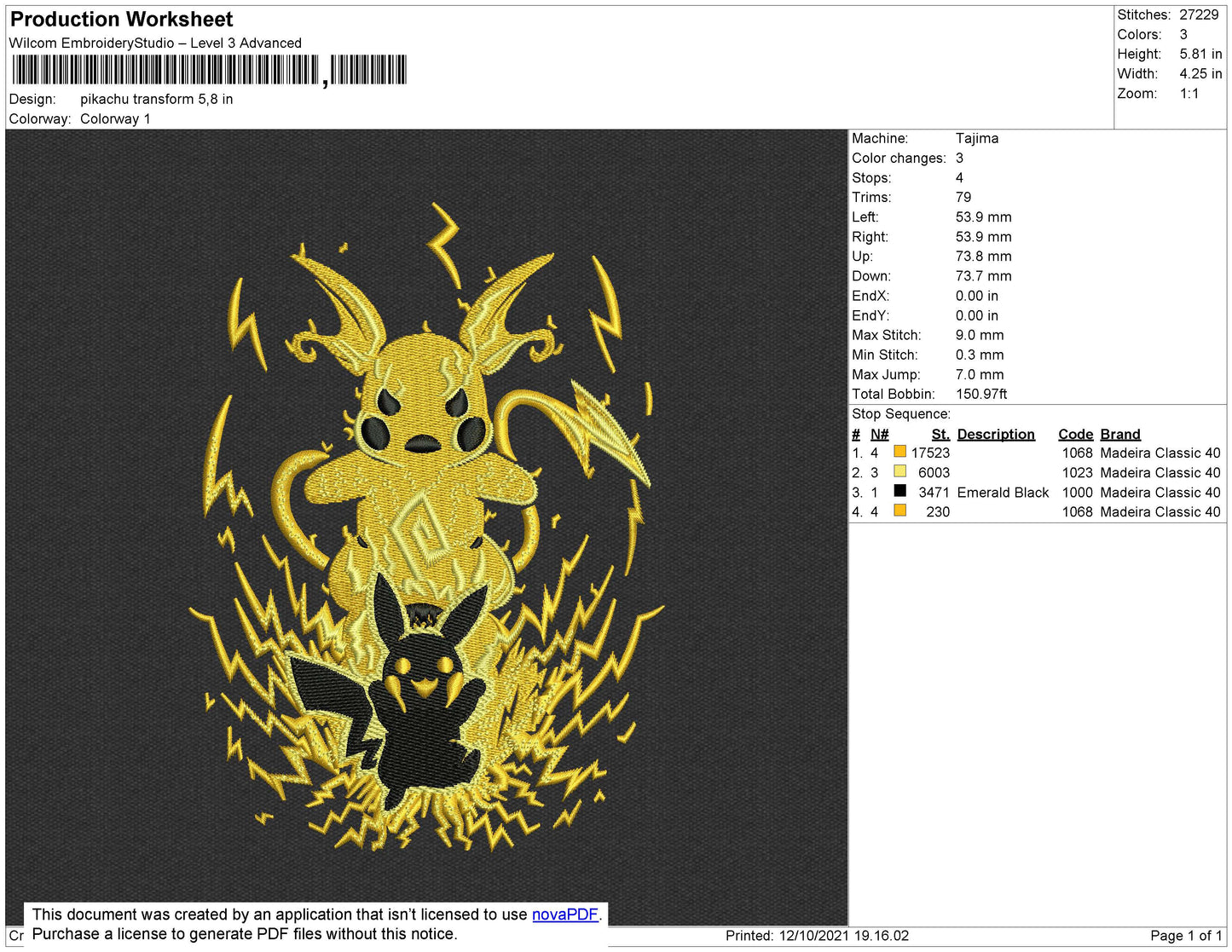 Pikachu Transform Embroidery File 4 size