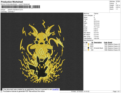 Pikachu Transform Embroidery File 4 size