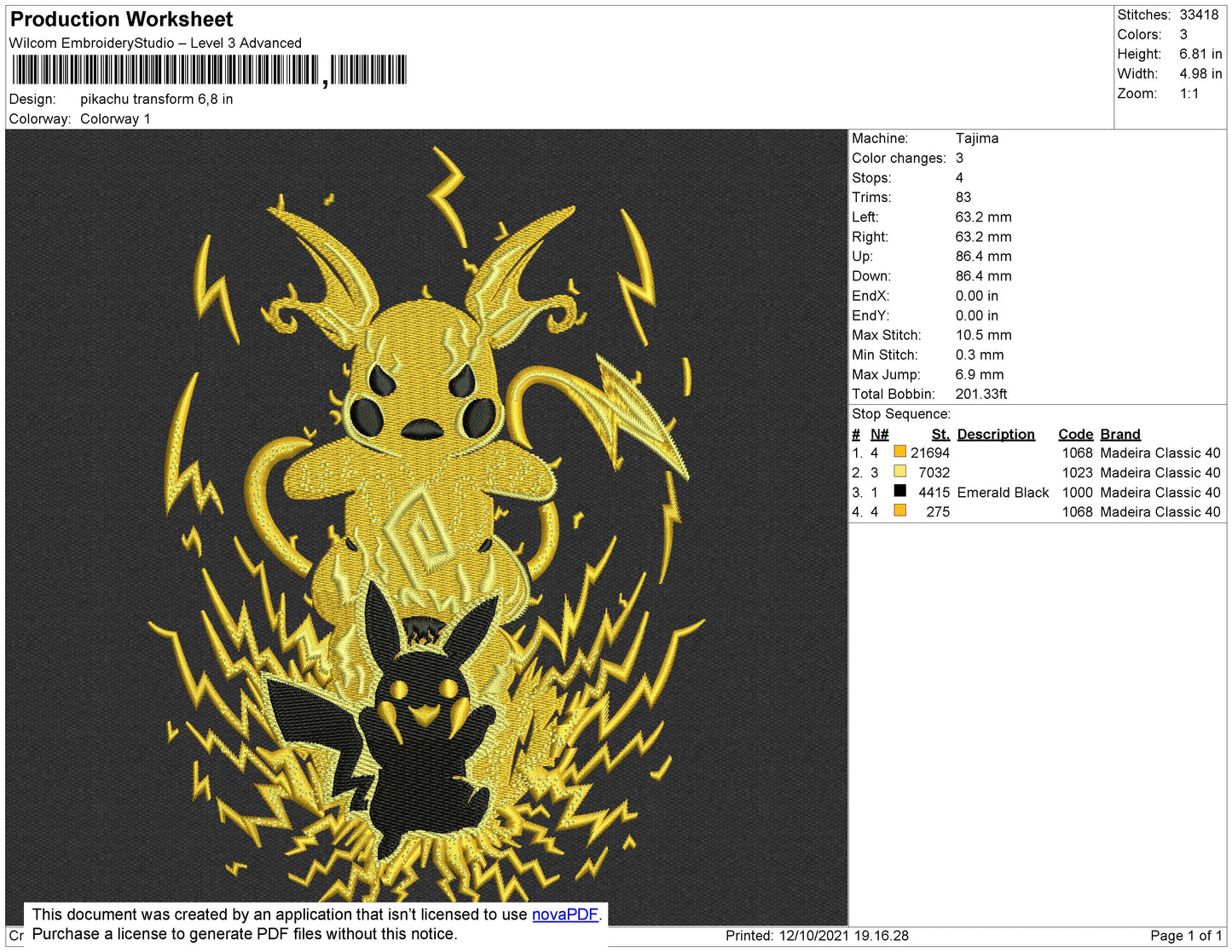 Pikachu Transform Embroidery File 4 size