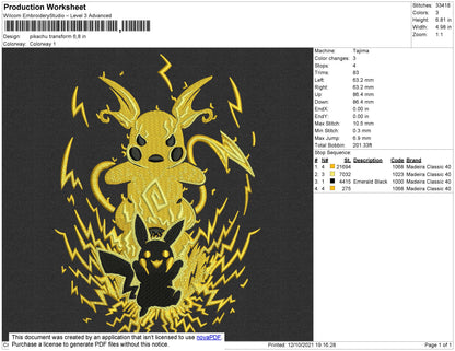 Pikachu Transform Embroidery File 4 size