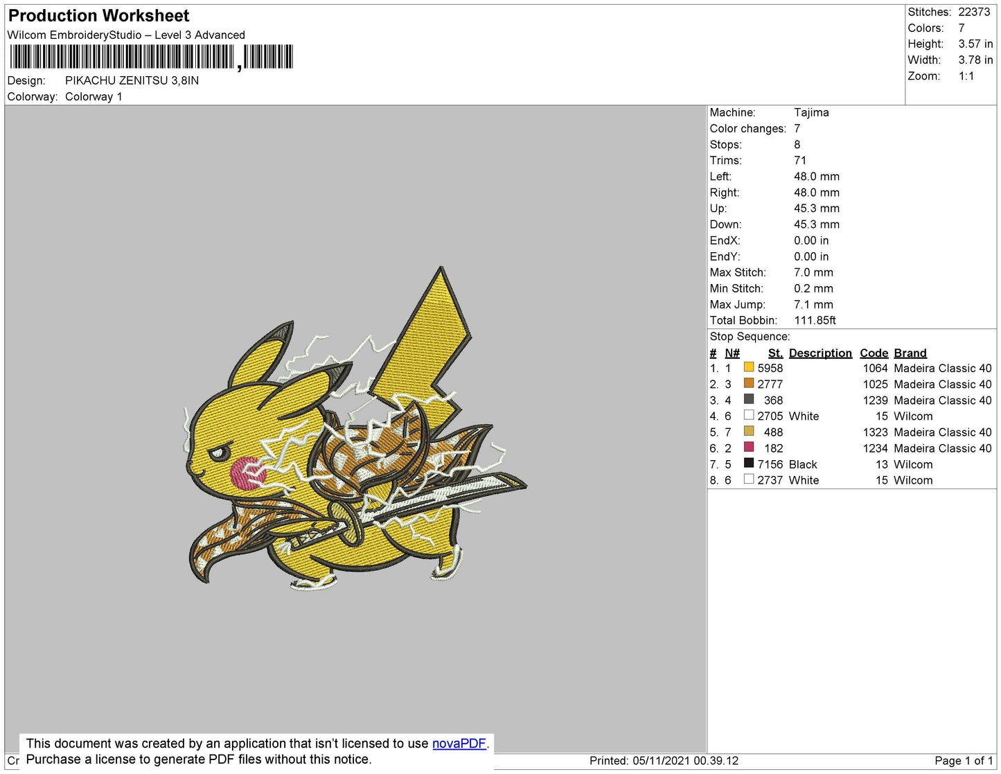 Pikachu Zenitsu Embroidery File 8 size