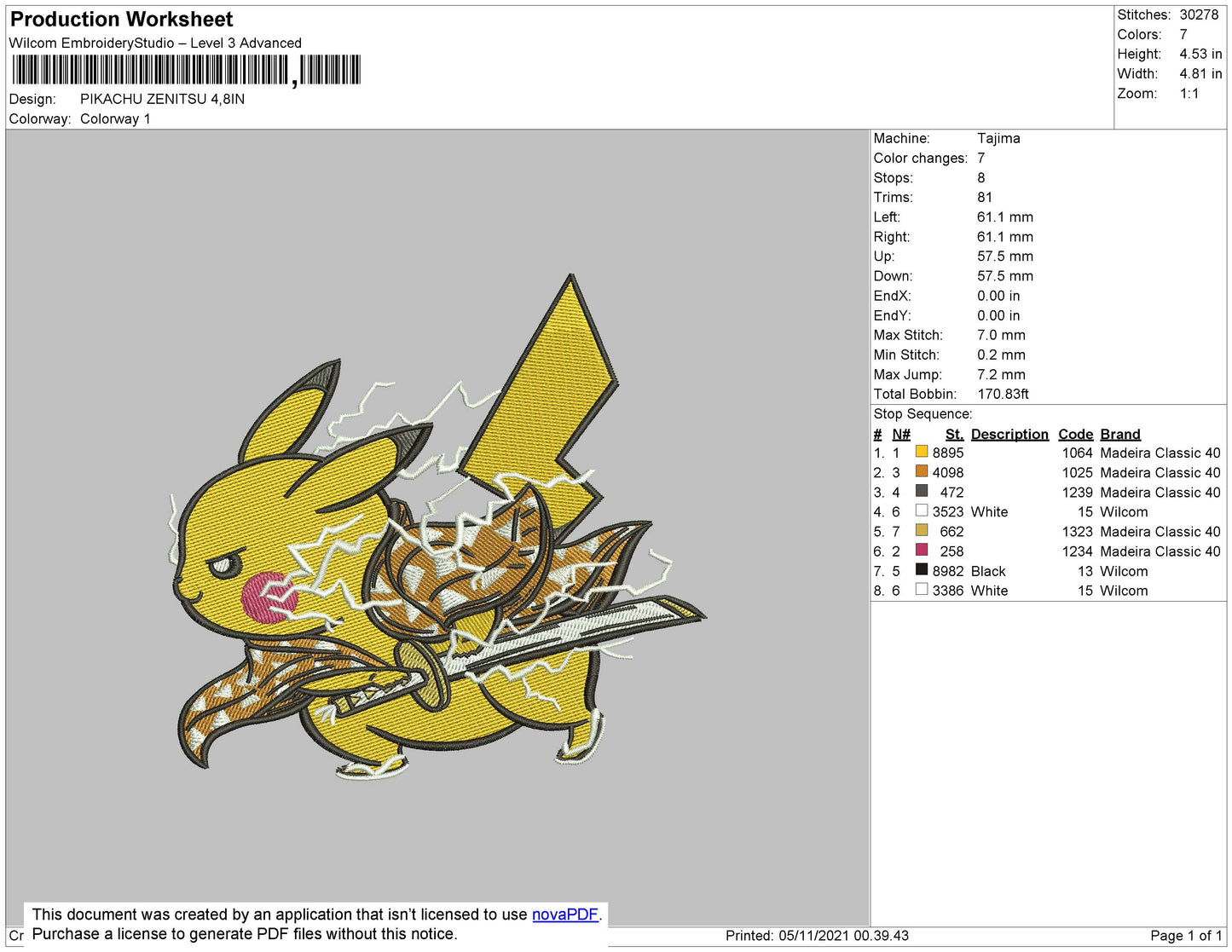 Pikachu Zenitsu Embroidery File 8 size